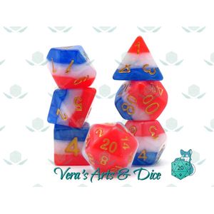 Polyset Dice | Dobbelstenen - Set Van 7 Stuks - Rood Wit Blauw en Goud Glitters | Polydice | Voor D&D en Andere Rollenspellen | Plastic Dobbelstenen Set voor Dungeons and Dragons | Polyhedral Dice Set | Zwarte Velvet Dice Bag voor Ongeveer 3 Sets