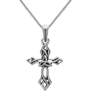 Zilveren ketting dames | Zilveren ketting met hanger, bewerkt kruis met triquetra