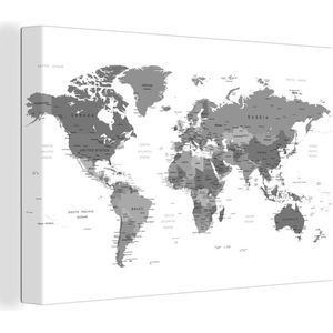 Canvas Wereldkaart - 180x120 - Wanddecoratie Wereldkaart in grijstinten - zwart wit