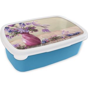 Broodtrommel Blauw - Lunchbox - Brooddoos - Lente - Lila - Stilleven - 18x12x6 cm - Kinderen - Jongen