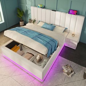 Sweiko Tweepersoonsbed - 160×200cm - LED-verlichting - USB-C poort - PU materiaal - Zonder matras - Wit