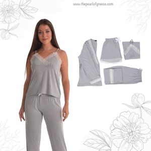 Dames Katoen Pyjama | 4-delige set | Katoen nachtkleding | Katoen nachthemd | Elegant Katoen Ochtendjas | Cadeau voor dames | Kleur: grijs | Maat: M