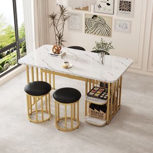Moderne eettafelset - 5-delige eettafelset voor 4 personen - Rechthoekige keukentafelset met 4 gestoffeerde stoelen - Eettafel met opbergruimte en stalen frame - Wit en goud 140 * 80 * 75 cm