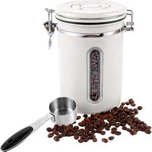 1800ml Airtight Coffee Tin with Transparent Window - Stainless Steel Holder - Scoop - 620g Coffee Beans Storage Box - White - Tea Nuts Cocoa