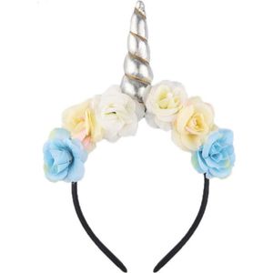 KIMU Bloemen Eenhoorn Haarband Zilver - Unicorn Diadeem Zilveren Hoorn Glitter - Bloemetjes Blauw Geel Wit Festival