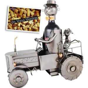BRUBAKER Wijnflessenhouder, tractor met bestuurder en hond, decoratief object, trekker van metaal, flessenstandaard met wenskaart voor wijncadeau