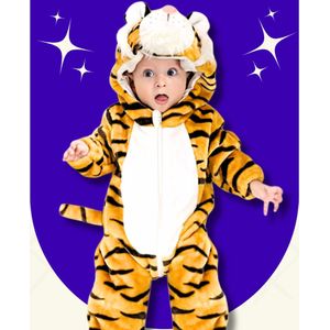 BoefieBoef Panter Dieren Onesie & Pyjama voor Peuters en Kleuters tot 4 Jaar - Kinder Verkleedkleding - Dieren Kostuum Pak - Zwart Oranje