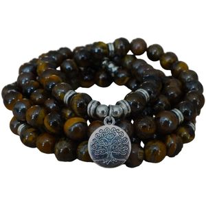 108 Kralen Mala Ketting Tijgeroog edelsteen met Levensboom | Vrouwen armband | Mannen | Meditatie Kralenketting | Sparkolia