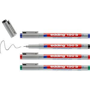 edding 150 S non-permanent pen - 4 stuks - zwart,rood,blauw,groen - ronde punt 0,3 mm - stift voor het beschrijven van glas, kunststof, folie en gladde oppervlakken - sneldrogend, met water corrigeerbaar