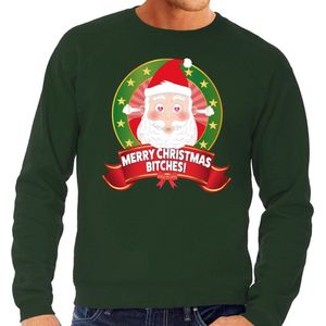 Foute kersttrui / sweater - groen - Kerstman met hartjes ogen Merry Christmas Bitches heren L