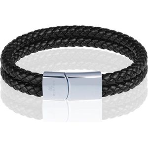 Memphis dubbele leren armband Zwart Zilver-22cm