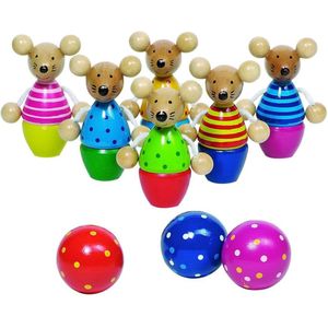 Goki Houten Kegelspel - 6 Muizen Kegels en 3 Ballen - Geschikt voor Kinderen - Speelplezier voor het Hele Gezin