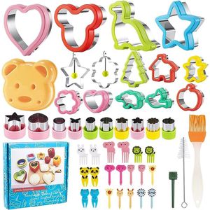 Brooduitsteekvormen voor kinderen, 48 stuks, uitsteekvormen van roestvrij staal, Bento Box accessoires voor cake, koekjes, fruit, sandwich, groentesnijderset met tandenstoker en borstel
