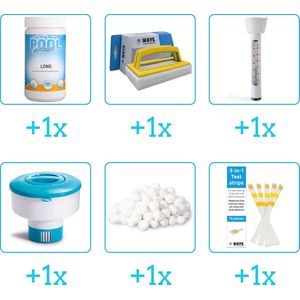 Zwembad Onderhoudsset - Startersset bevat Chloor - Scrubborstel - Thermometer en Chloordrijver - Filterbollen - Testrips - Starterspakket - Chloortabletten - Voor zwembad met Zandfilterpomp - Voor zwembaden met meer dan 25.000 liter (6-delig)