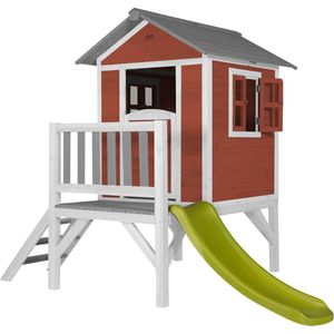 AXI Beach Lodge XL Speelhuis in Rood - Met Verdieping en Limoen Groene Glijbaan - Speelhuisje voor de tuin / buiten - FSC hout - Speeltoestel voor kinderen