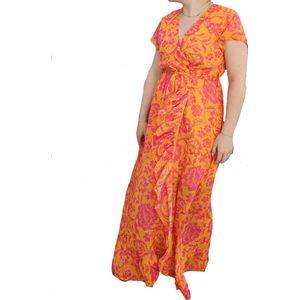 moocci Paris zomerse lange jurk || bloemenprint in het oranje maat large