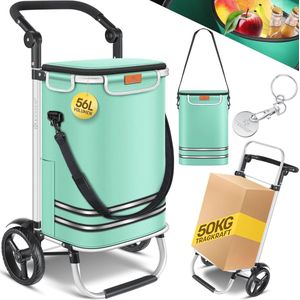 Boodschappentrolley met Wielen en Koelvak - Opvouwbare Boodschappenwagen tot 50 kg Draagvermogen | 3-in-1 Trolley, Steekwagen en Afneembare Boodschappentas in Mintgroen