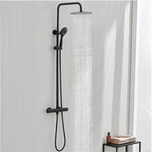 Mat Zwarte Regendouche Set - Compleet Uitgerust - 3 Functies - 25cm Ronde Hoofddouche - Handdouche - Douchestang - Douchemengkraan
