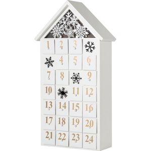 BRUBAKER Herbruikbare houten Adventskalender om te vullen - Wit sneeuwhuisje met LED-verlichting - Doe-het-zelf-kalender 24,3 x 45 x 8 cm