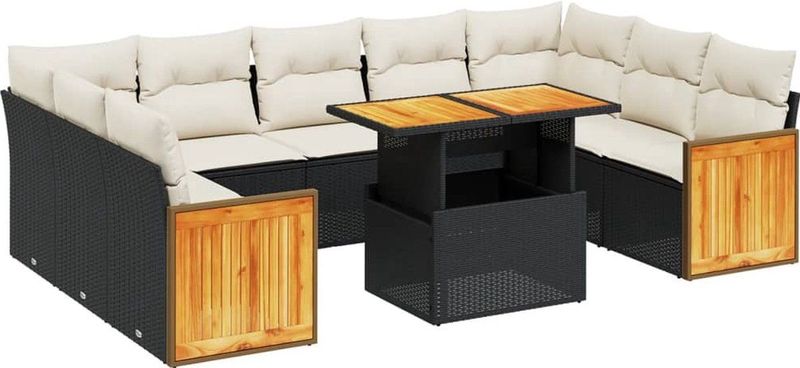vidaXL - 10-delige - Loungeset - met - kussens - poly - rattan - zwart