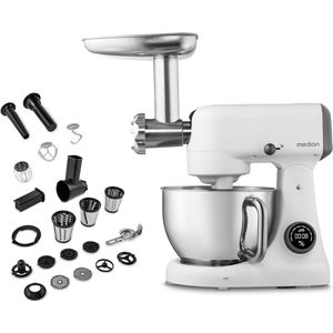 MEDION keukenmachine met hakmolen (800 watt, gelijkstroommotor, roestvrijstalen kom van 4,6 liter, energiebesparend, ultrastil, digitaal sensor-touch-display, MD12600) Wit