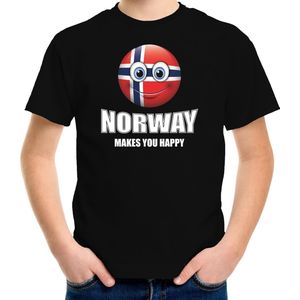 Norway makes you happy landen t-shirt Noorwegen met emoticon - zwart - kinderen - Noorwegen landen shirt met Noorse vlag - EK / WK / Olympische spelen outfit / kleding 122/128