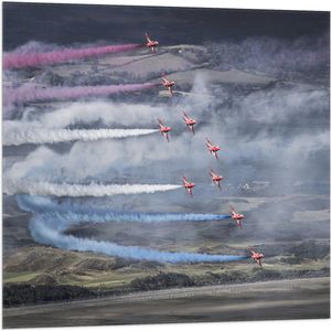 WallClassics - Vlag - Vliegtuigshow met Gekleurde Rook - 80x80 cm Foto op Polyester Vlag
