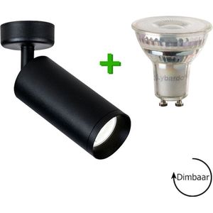 Plafondlamp - Opbouwspot zwart - Draaibaar & kantelbaar + GU10 LED - 5.5W - Dimbaar - 2700K warm wit