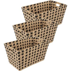 5Five Rieten opbergmand - 3x - gevlochten - beige/zwart - 55 x 35 x 30 cm - Kast-/badkamer mandjes