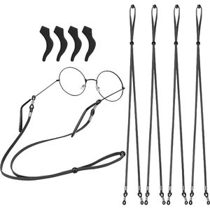 Brilband, 4 stuks, PU-lederen brilketting, brilkoord, verstelbaar, zonnebrilband, zonnebrilhouder, brilhouder voor dames en heren, zwart