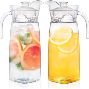 Set van 2 acryl kannen met deksel en tuit, 1,3 l, heldere waterkan, onbreekbare drankcontainer voor koelkast, ijsthee, limonade, sap, melk