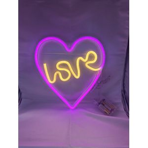 LED Hart+Love met neonlicht - roze + geel neon licht - Op batterijen en USB - hoogte 27 x 25.5 x 2 cm - Wandlamp - Sfeerlamp - Decoratieve verlichting - Woonaccessoires