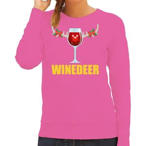 Bellatio Decorations Foute kersttrui/sweater dames - winedeer - roze - wijn - rendier - kerstmis S