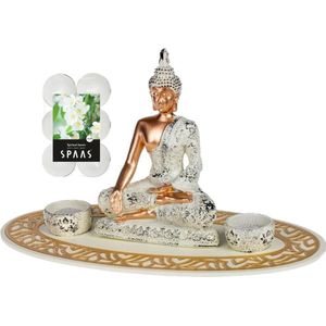 Boeddha beeld voor binnen 35 cm met 12x geurkaarsen Spiritual Jasmin - Buddha beeldje met theelichtjes/waxinelichtjes