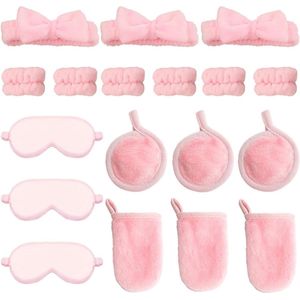 18-delige Spa Party gunsten set met hoofdband, wasband, make-up remover handschoen, pads, oogmasker en meer in roze - Ideaal voor Slumber Party en Verjaardag - Herbruikbaar en van gesimuleerde zijde.