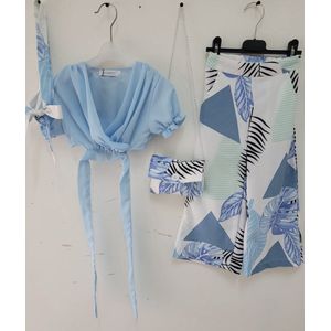 Meisjes 4 delige set kleding broek zomer voorjaar girls maat 6/6Y top tasje wit blauw print