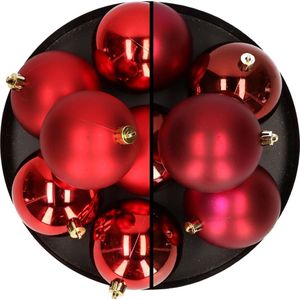 12x stuks kunststof kerstballen 8 cm mix van donkerrood en rood - Kerstversiering