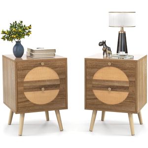 COSTWAY Nachtkastje rotan set van 2, nachtkastje met 2 laden, bijzettafel met poten van massief hout, sofatafel, nachtkastje in boho-stijl voor slaapkamer, woonkamer, 40 x 40 x 56 cm