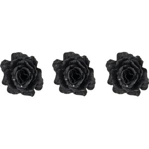 4x stuks decoratie bloemen roos zwart glitter op clip 10 cm - Decoratiebloemen/kerstboomversiering/kerstversiering