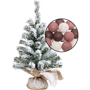 Mini kunstboom/kerstboom besneeuwd - met lichtsnoer bollen mix rood - H45 cm