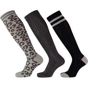 Apollo - Kniesokken - Girls - 3-pack - Panter - Grijs - Glitter - Maat 27/30