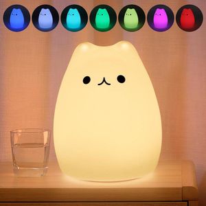 Nachtlicht voor kinderen - schattige kattenlamp met 7 kleuren - aanraakbediening en dimbaar - op batterijen - siliconen zacht - voor babymeisjes en jongens