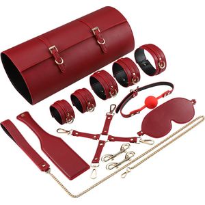 Lovellia SM Luxe Set - 13-delig Bondage Set - Hoogwaardig Leer - Hoogwaardig Metaal - Oogmasker - Zweep - Seksspeeltje voor Stelletjes - Luxe Opbergzak - Rood - Goud