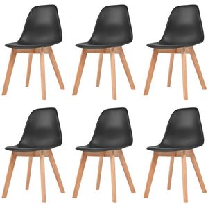 vidaXL Eetkamerstoelen - Kunststof Zwart - 6 Stuks Eetkamerstoelen - Zwarte Stoelen - Plastic Stoelen - Hout Poten - Comfortabele Stoelen