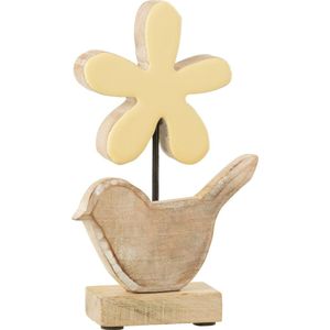 J-Line decoratie Vogel Met Bloem - hout - geel - small