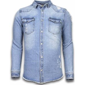 Spijkerjasje - Denim Shirt - Spijkerblouse Slim Fit - Damaged Sleeves - Blauw