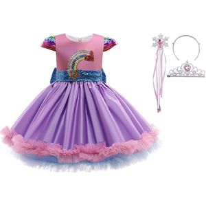 Prinsessenjurk meisje + Tiara + Toverstaf - Verkleedkleren meisje - maat 122/128 (10=40) - Het Betere Merk - Regenboog - Paars - Roze - Prinsessenspeelgoed - Verkleedjurk - Pailletten