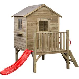 Houten speelhuisje met glijbaan en trap Camilla (SwingKing) | Kinderhuisje voor Buiten in de Tuin | Voor Kinderen vanaf 3 Jaar | FSC Hout - Glijbaan Rood