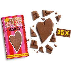 Tony's Chocolonely Melk Roos Framboos Chocoladereep - Reep Chocolade Hart - Cadeau - Cadeautje voor Hem en Haar - 15 Repen