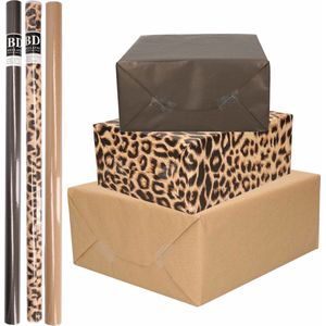 6x Rollen kraft inpakpapier/kaftpapier pakket bruin/zwart/panterprint 200 x 70 cm/cadeaupapier/verzendpapier/kaftpapier